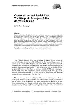 Common Law and Jewish Law. the Diasporic Principle of Dina De-Malkhuta Dina