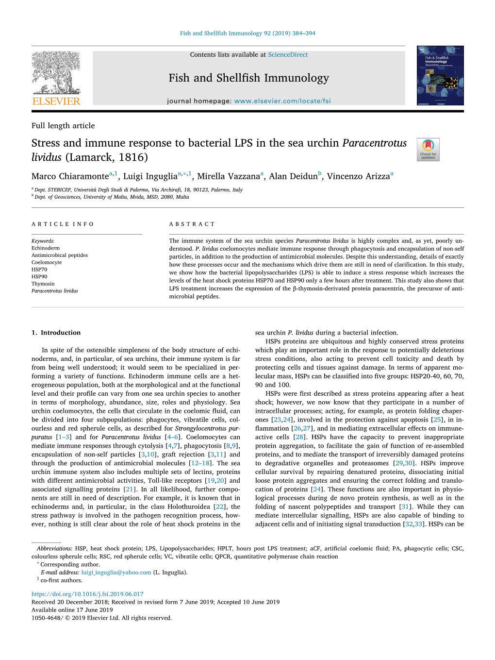 Stress and Immune Response to Bacterial LPS in the Sea Urchin