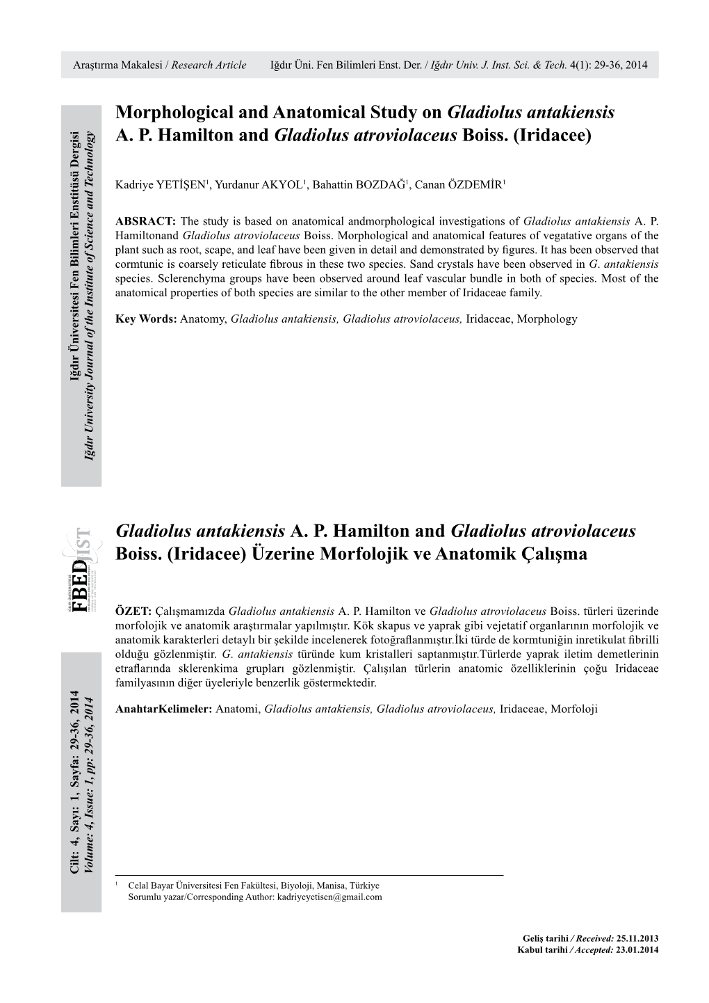 Morphological and Anatomical Study on Gladiolus Antakiensis A. P. Hamilton and Gladiolus Atroviolaceus Boiss. (Iridacee) Gladio