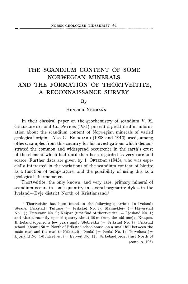 41 the SCANDIUM CONTENT of SOME NORWEGIAN MINERALS and the FORMATION of THORTVEITITE, a RECONNAISSANCE SURVEY in Their Classical