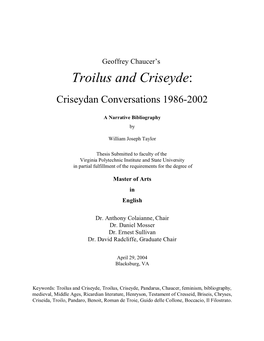 Troilus and Criseyde: Criseydan Conversations 1986-2002