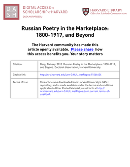 Russian Poetry in the Marketplace: 1800-1917, and Beyond