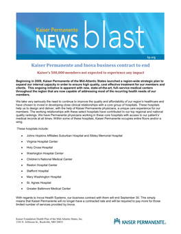 Kaiser Permanente and Inova Business Contract to End Kaiser’S 500,000 Members Not Expected to Experience Any Impact