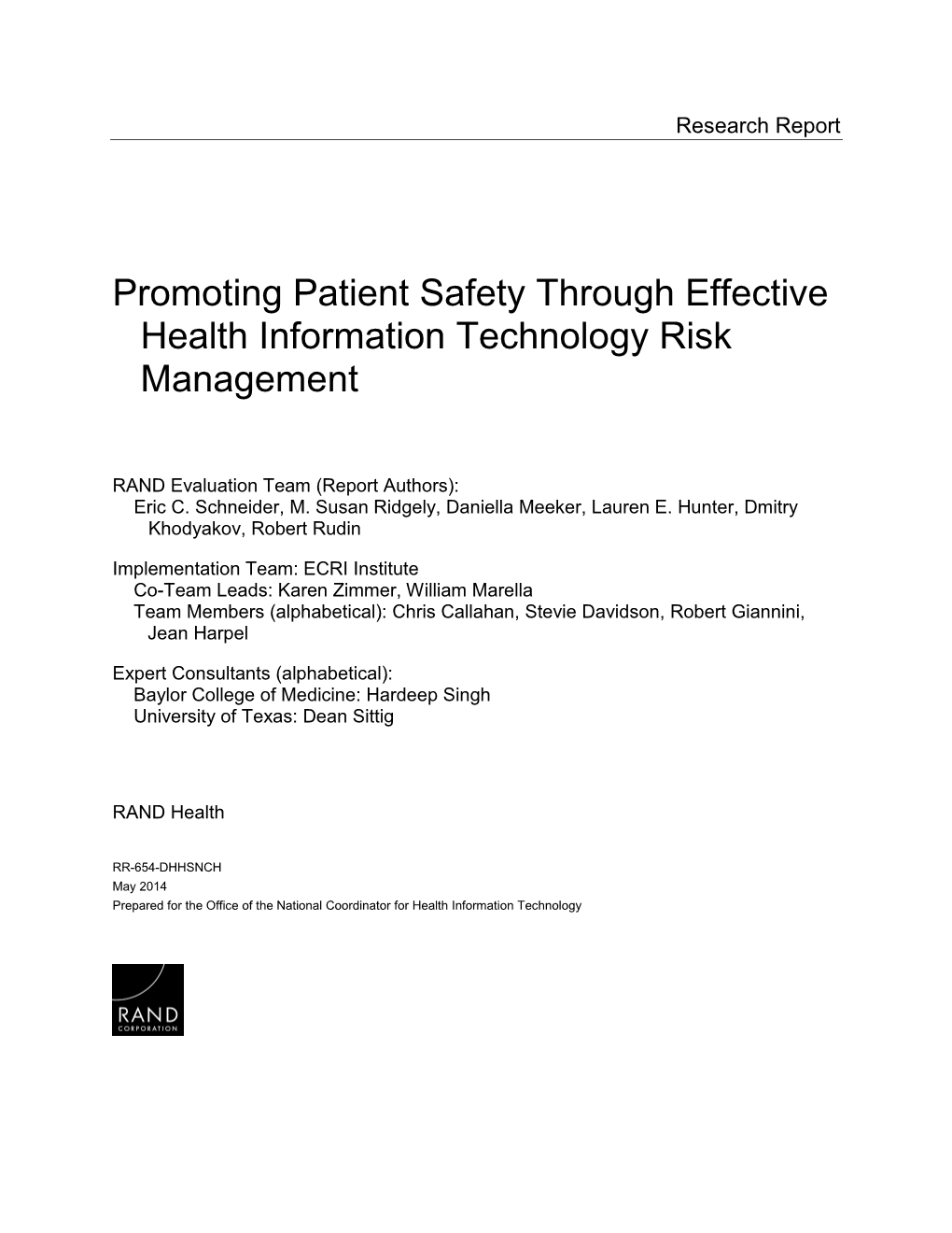 Promoting Patient Safety Through Effective Health Information Technology Risk Management