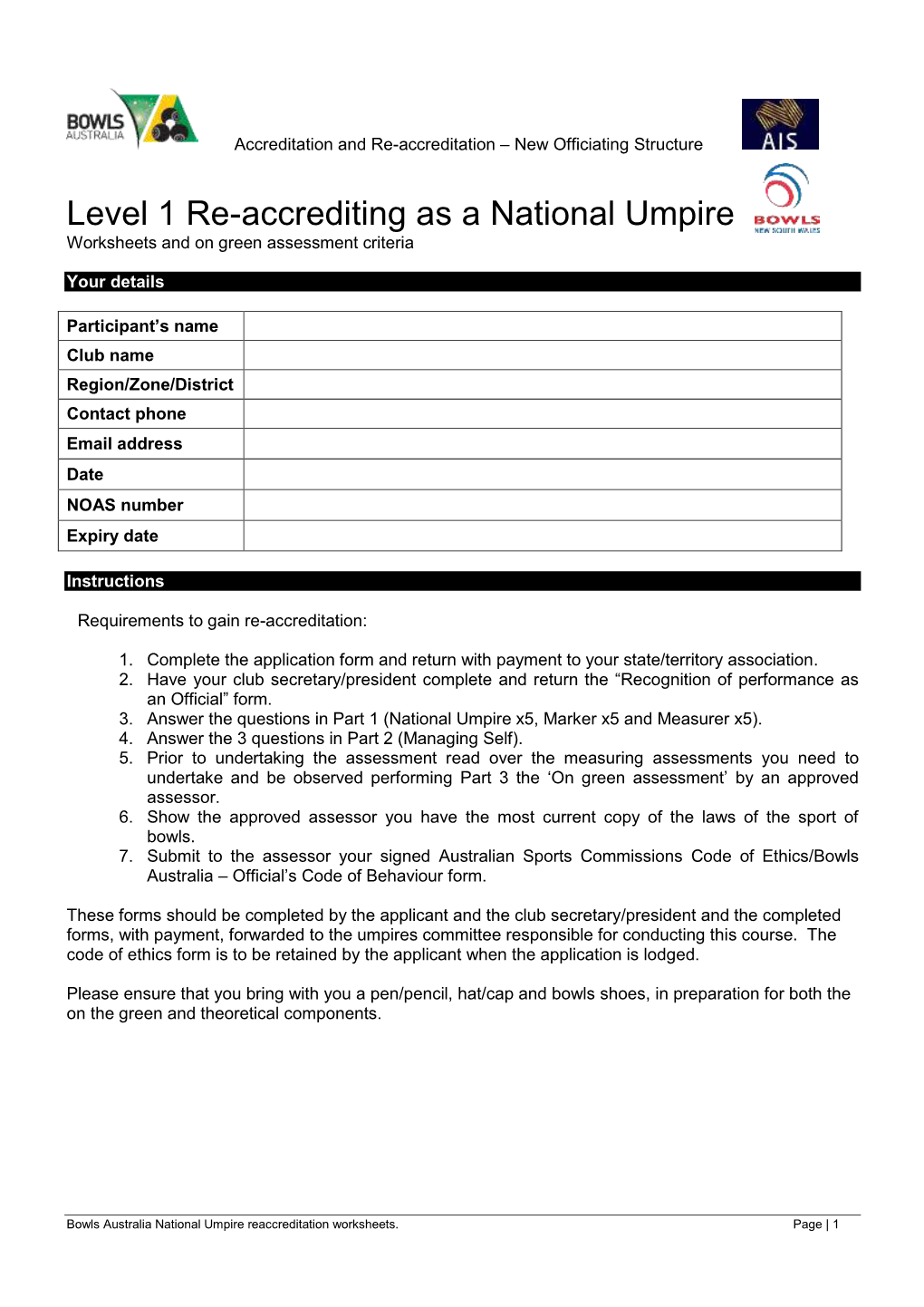 Level 1 Re-Accrediting As a National Umpire Worksheets and on Green Assessment Criteria