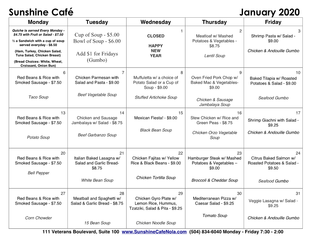 Sunshine Café January 2020