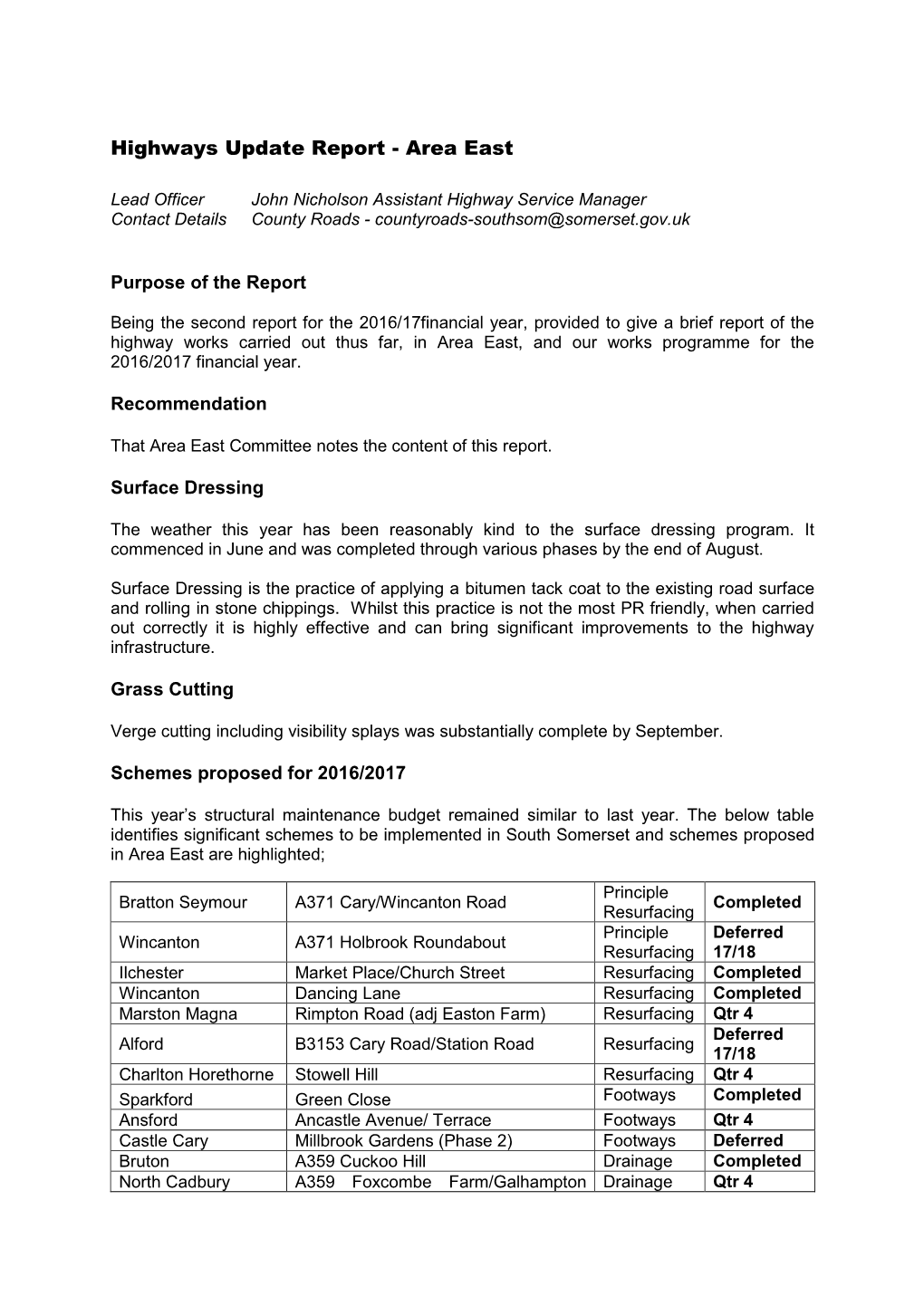 Highways Update Report PDF 142 KB