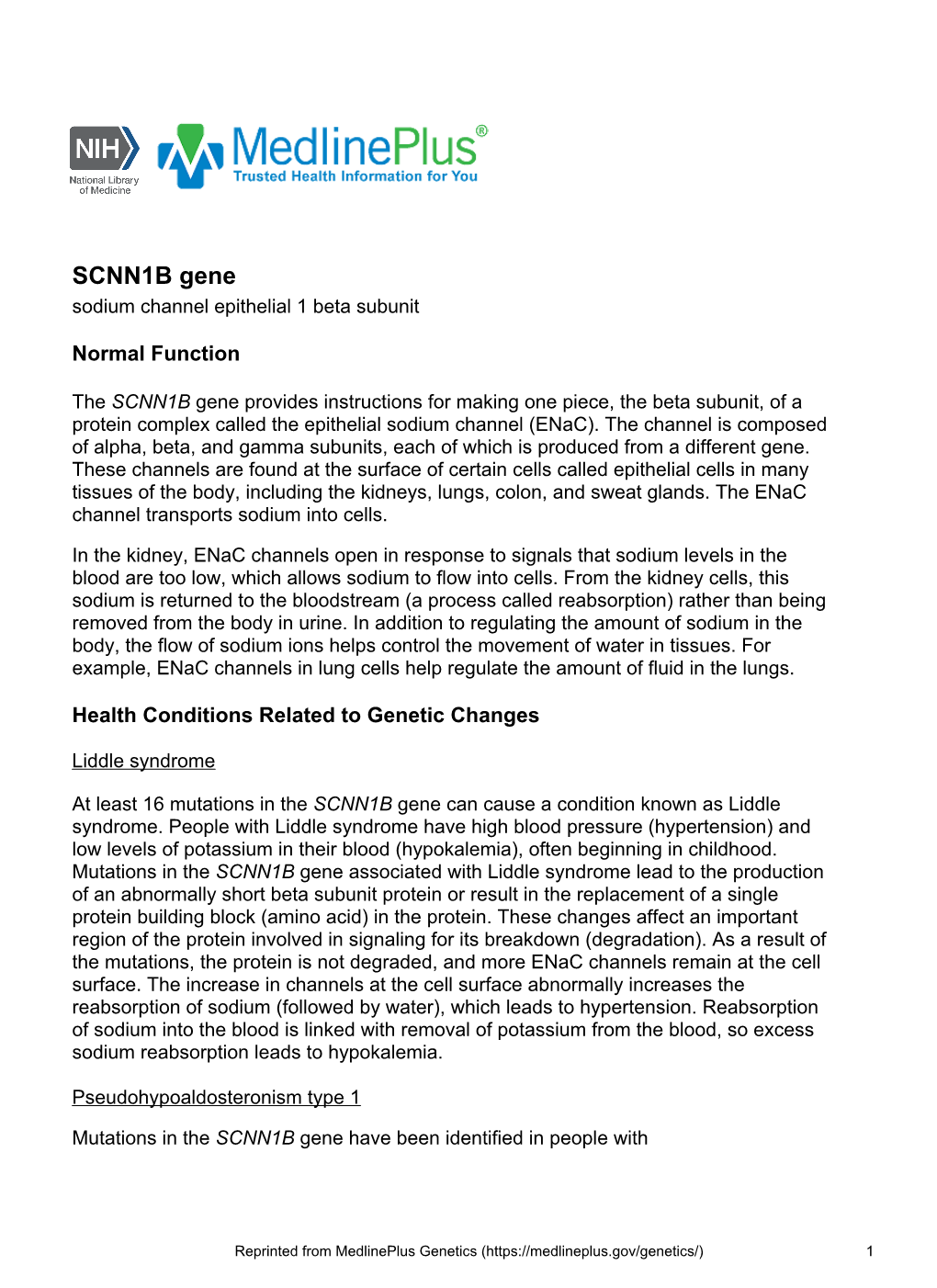 SCNN1B Gene Sodium Channel Epithelial 1 Beta Subunit