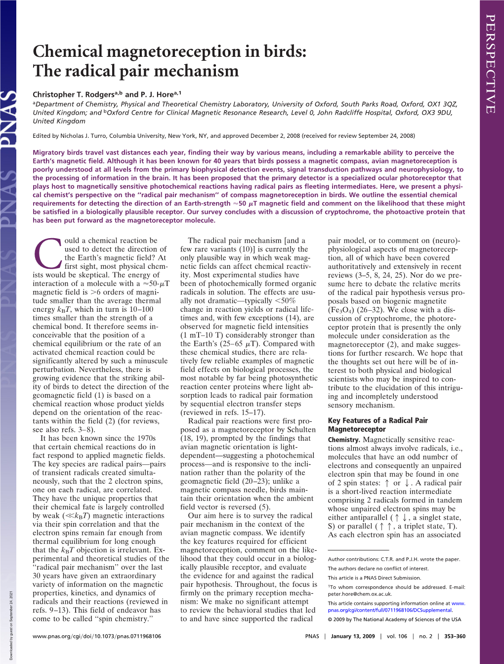 Chemical Magnetoreception in Birds: the Radical Pair Mechanism