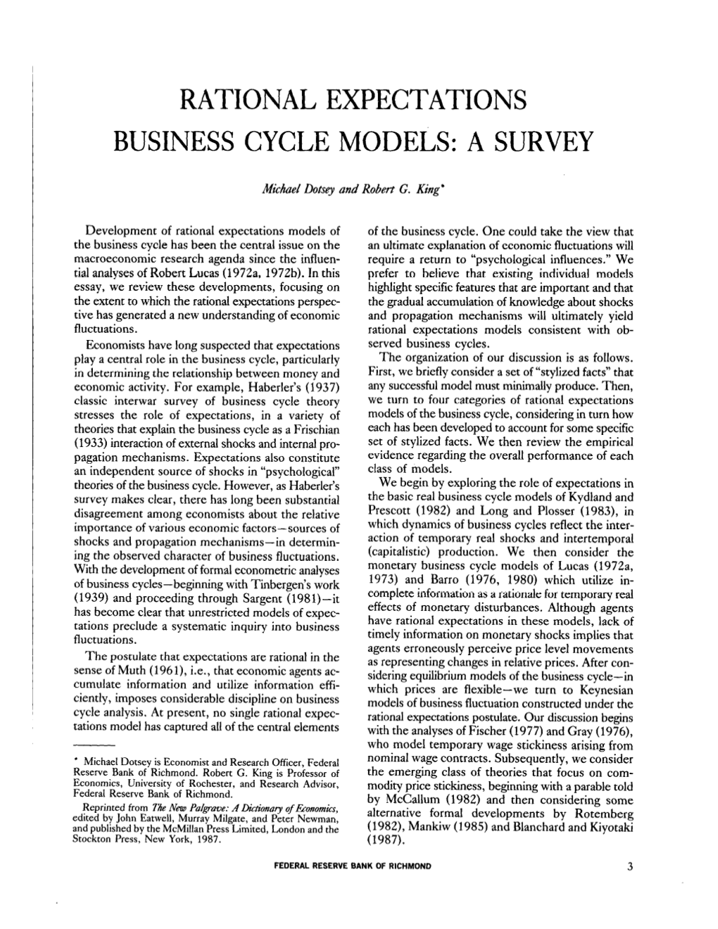 Rational Expectations Business Cycle Models: a Survey