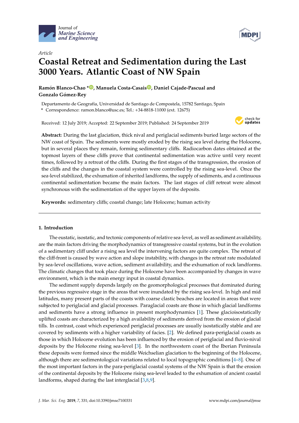 Coastal Retreat and Sedimentation During the Last 3000 Years. Atlantic Coast of NW Spain