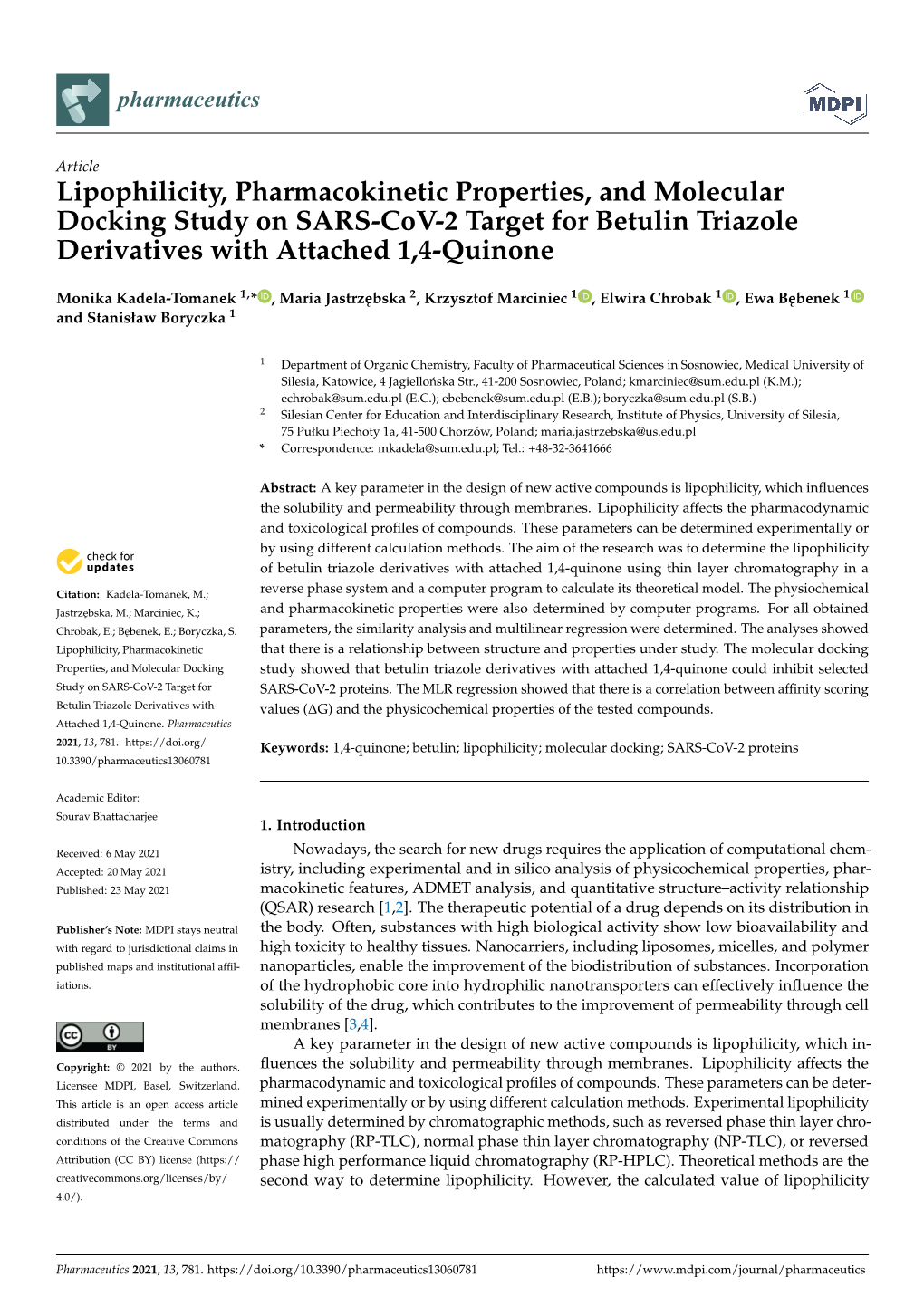 Lipophilicity, Pharmacokinetic Properties, and Molecular Docking Study on SARS-Cov-2 Target for Betulin Triazole Derivatives with Attached 1,4-Quinone