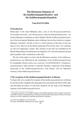 The Khotanese Summary of the Saddharmapuṇḍarīkasūtra1 and the Saddharmapuṇḍarīkopadeśa