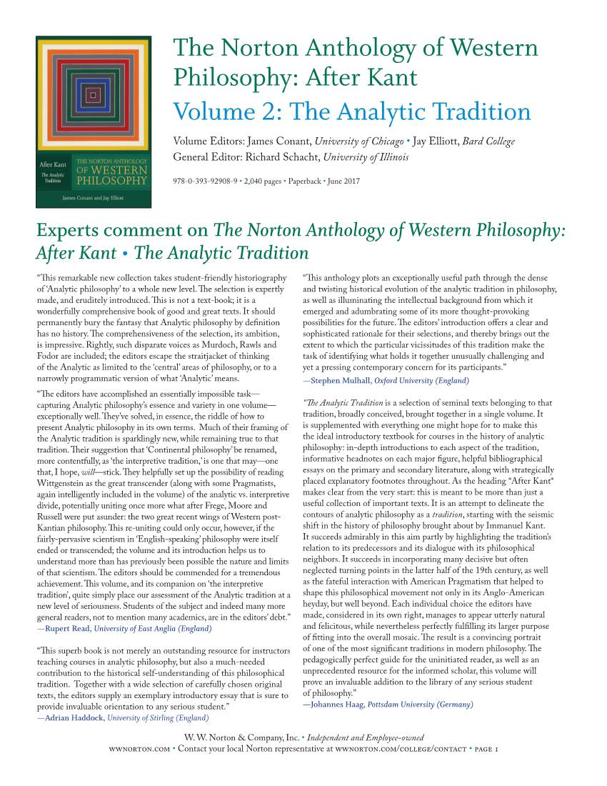 The Norton Anthology of Western Philosophy: After Kant Volume 2: the Analytic Tradition