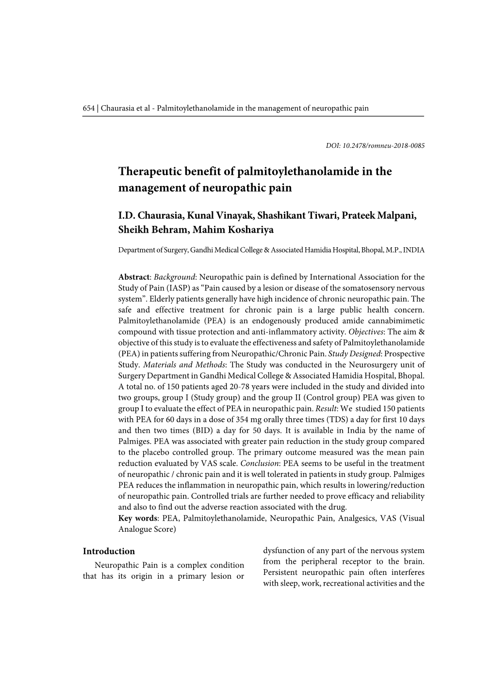 Therapeutic Benefit of Palmitoylethanolamide in the Management of Neuropathic Pain