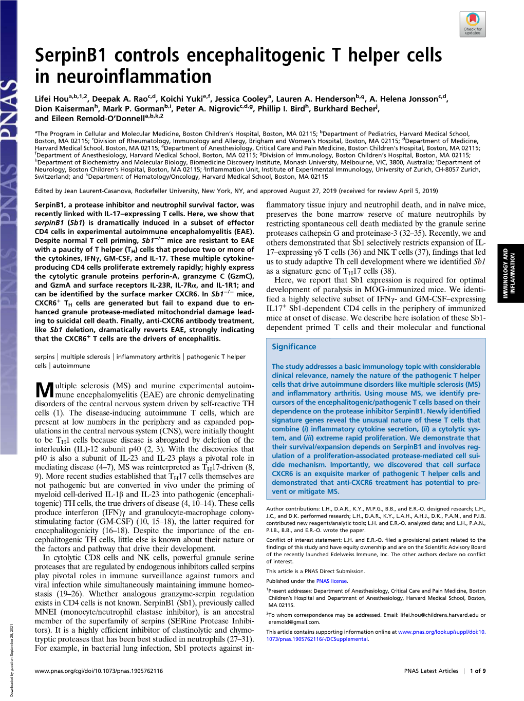 Serpinb1 Controls Encephalitogenic T Helper Cells in Neuroinflammation