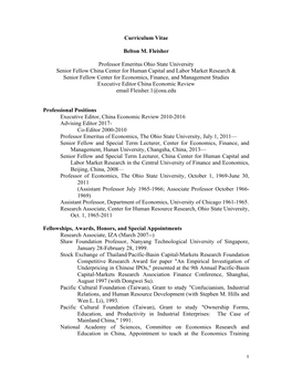 1 Curriculum Vitae Belton M. Fleisher Professor Emeritus Ohio State University Senior Fellow China Center for Human Capital