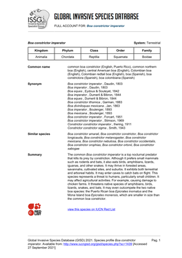 Boa Constrictor Imperator Global Invasive Species Database (GISD)