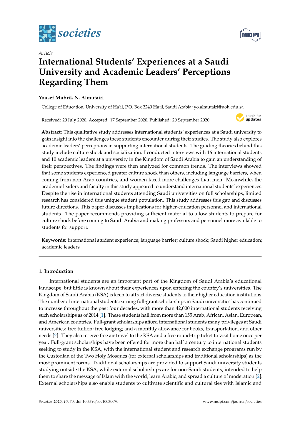 International Students' Experiences at a Saudi University and Academic