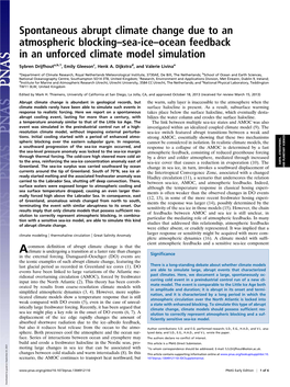 Spontaneous Abrupt Climate Change Due to an Atmospheric Blocking–Sea-Ice–Ocean Feedback in an Unforced Climate Model Simulation