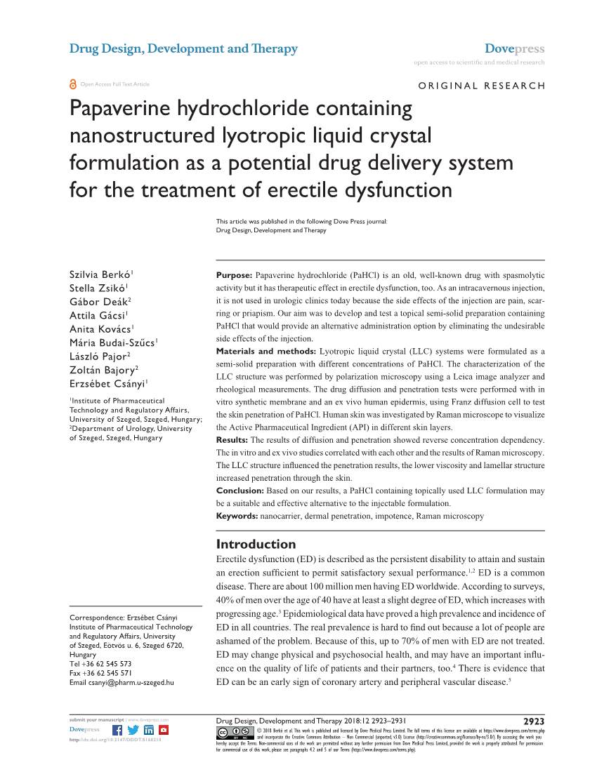 Papaverine Hydrochloride Containing Nanostructured Lyotropic Liquid Crystal Formulation As a Potential Drug Delivery System for the Treatment of Erectile Dysfunction