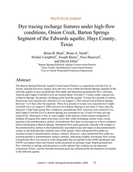 Dye Tracing Recharge Features Under High-Flow Conditions, Onion Creek, Barton Springs Segment of the Edwards Aquifer, Hays County, Texas