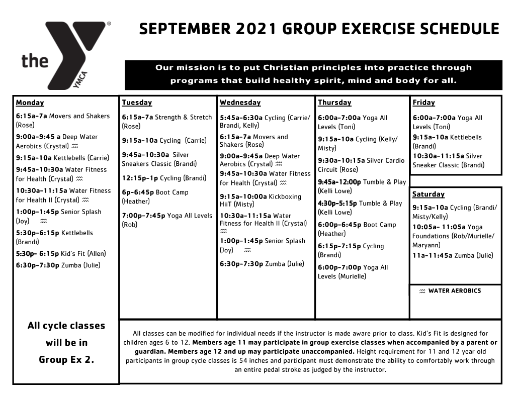 September 2021 Group Exercise Schedule