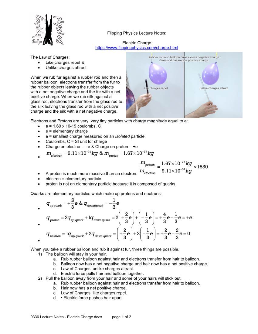 0336 Lecture Notes - Electric Charge.Docx Page 1 of 2 3) the Balloon Will Stick to a Wall