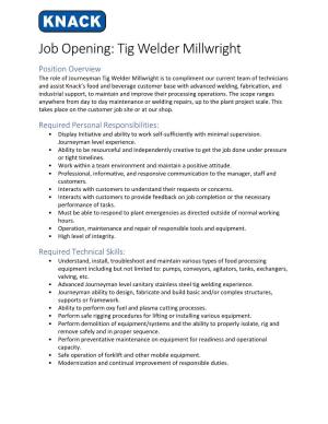 Job Opening: Tig Welder Millwright