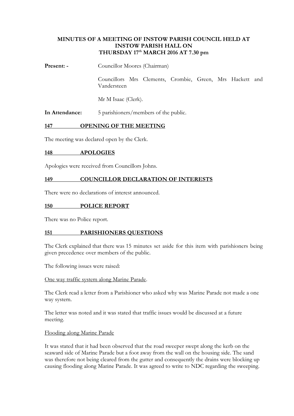 COUNCIL HELD at INSTOW PARISH HALL on THURSDAY 17Th MARCH 2016 at 7.30 Pm