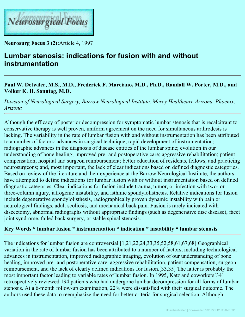 Lumbar Stenosis: Indications for Fusion with and Without Instrumentation