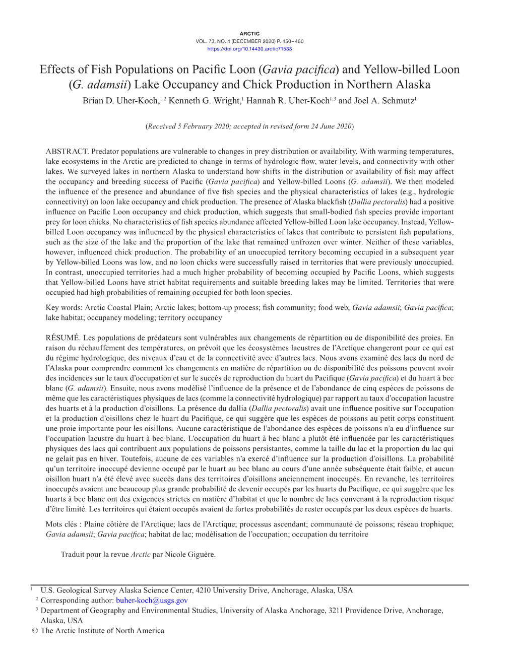 Effects of Fish Populations on Pacific Loon (Gavia Pacifica) and Yellow