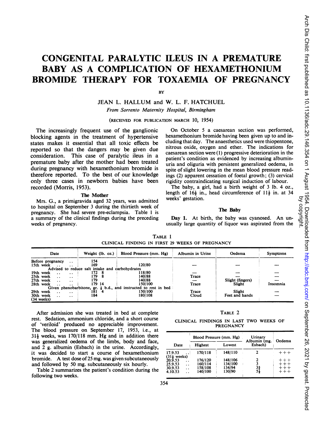 Congenital Paralytic Ileusin a Premature Baby As a Complication of Hexamethonium Bromide Therapy for Toxaemia of Pregnancy