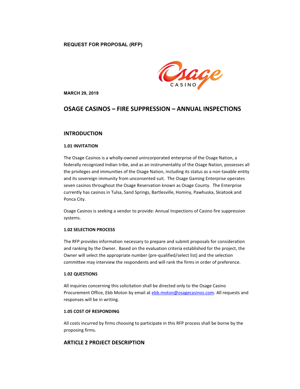 Osage Casinos – Fire Suppression – Annual Inspections