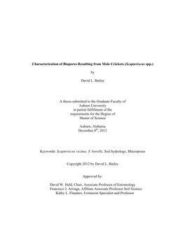 Characterization of Biopores Resulting from Mole Crickets (Scapteriscus Spp.) by David L. Bailey a Thesis Submitted to the Gradu