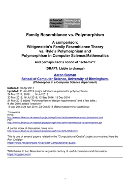 Family Resemblance Vs. Polymorphism a Comparison: Wittgenstein’S Family Resemblance Theory Vs