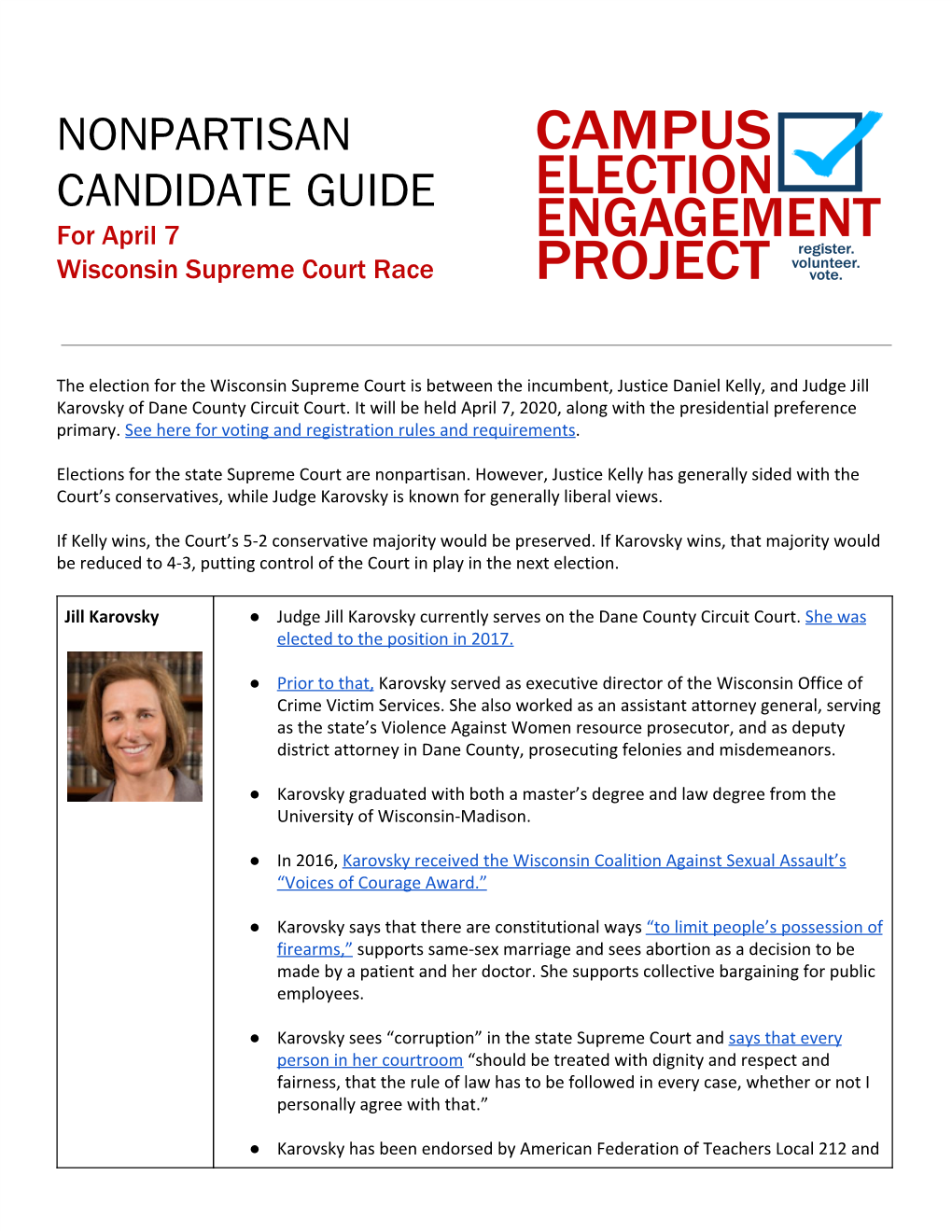 NONPARTISAN CANDIDATE GUIDE for April 7 Wisconsin Supreme Court Race