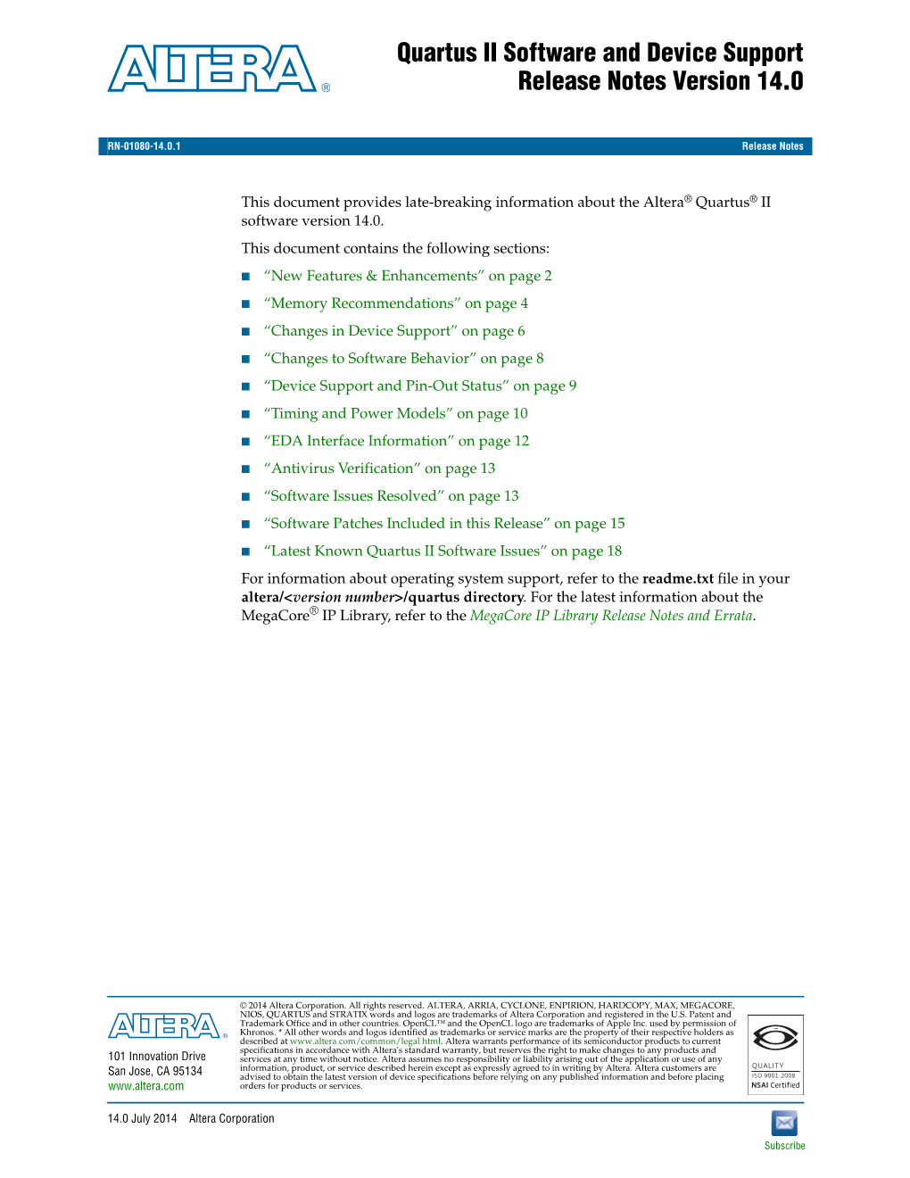 Quartus II Software and Device Support Release Notes Version 14.0