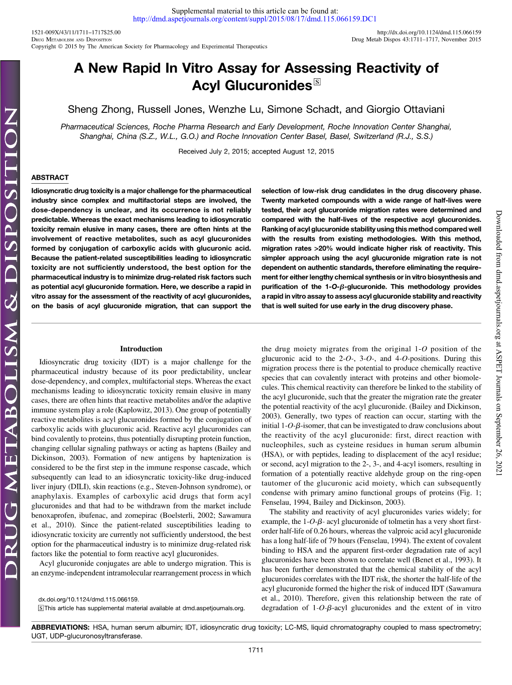 A New Rapid in Vitro Assay for Assessing Reactivity of Acyl Glucuronides S