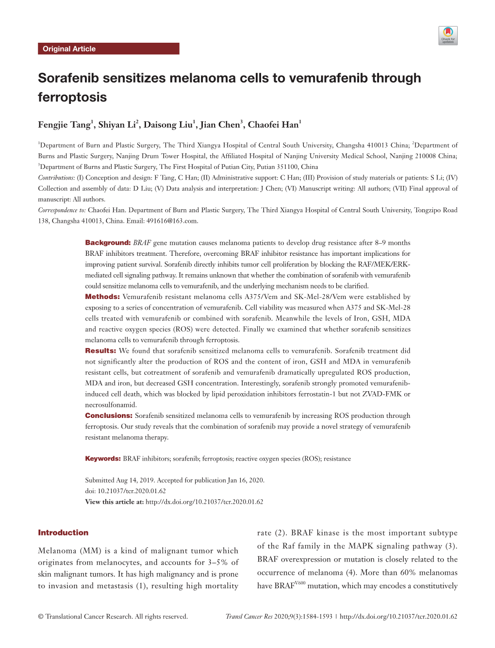 Sorafenib Sensitizes Melanoma Cells to Vemurafenib Through Ferroptosis