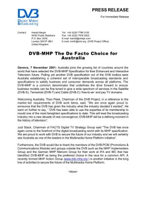 PRESS RELEASE DVB-MHP the De Facto Choice for Australia