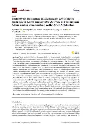 Fosfomycin Resistance in Escherichia Coli Isolates from South Korea and in Vitro Activity of Fosfomycin Alone and in Combination with Other Antibiotics