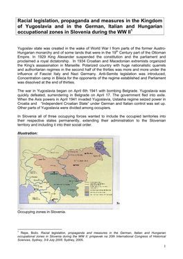 Racial Legislation, Propaganda and Measures in the Kingdom of Yugoslavia and in the German, Italian and Hungarian Occupational Zones in Slovenia During the WW II1