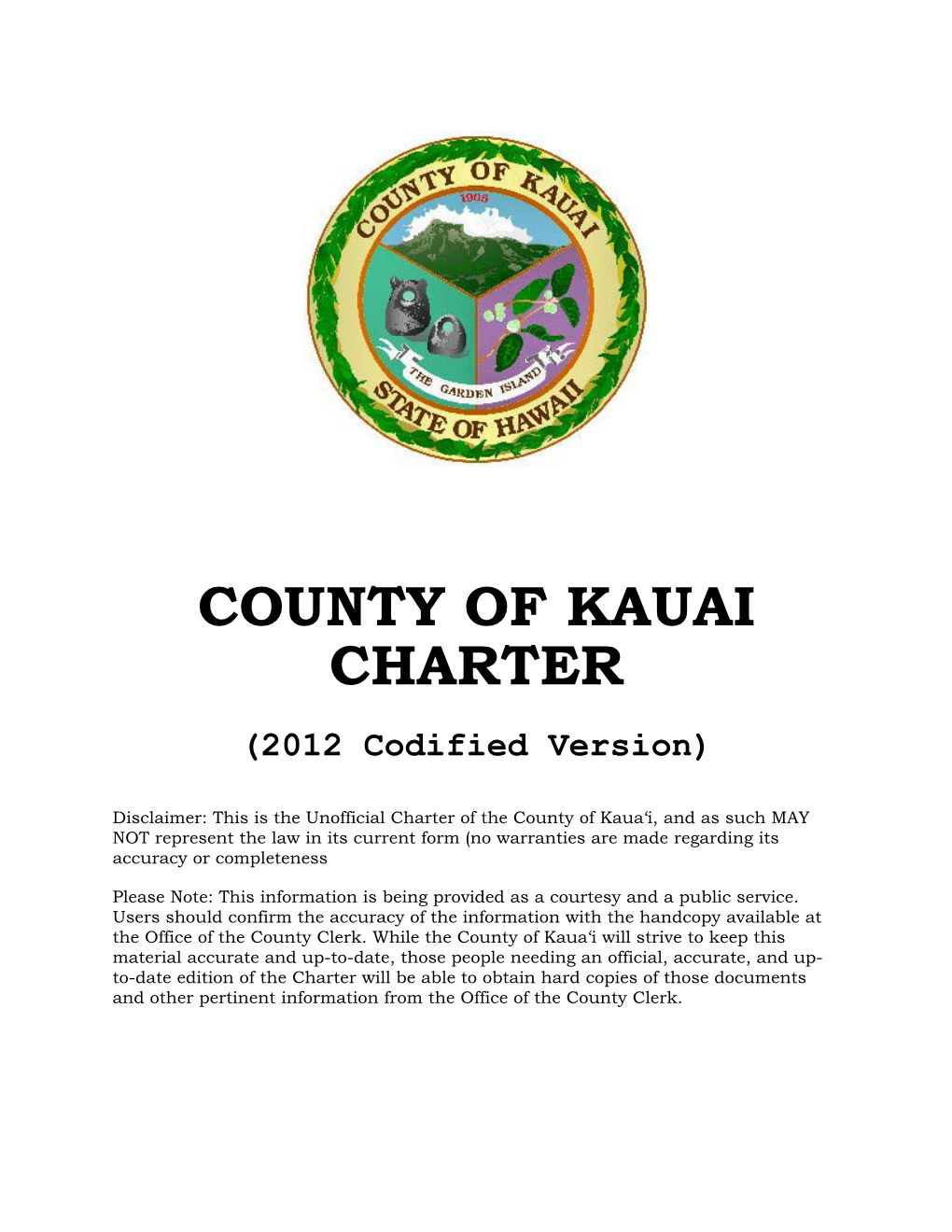 COUNTY of KAUAI CHARTER (2012 Codified Version)