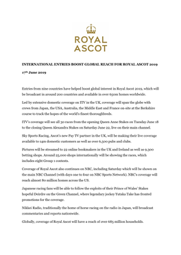 International Entries Boost Global Reach for Royal Ascot 2019