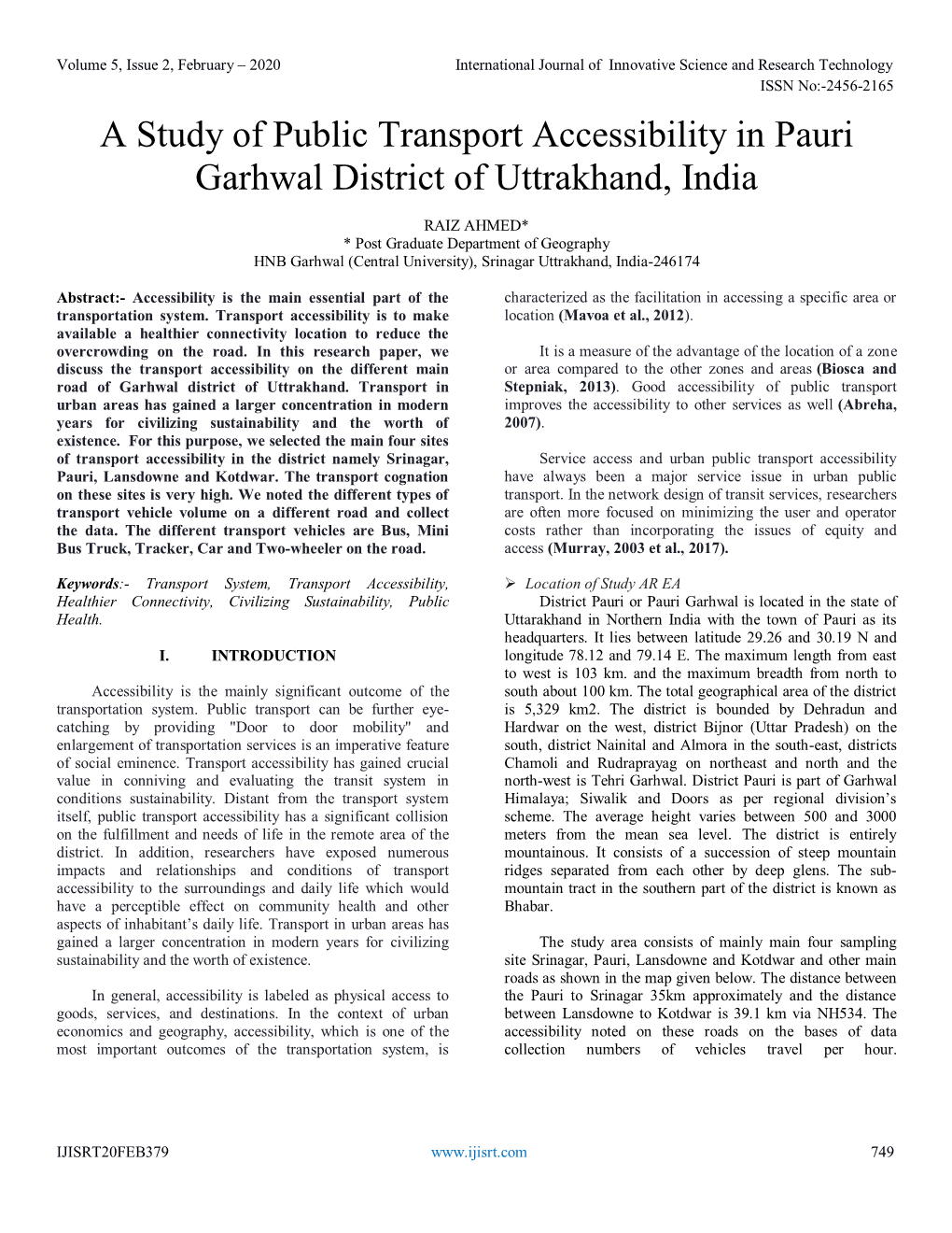 A Study of Public Transport Accessibility in Pauri Garhwal District of Uttrakhand, India