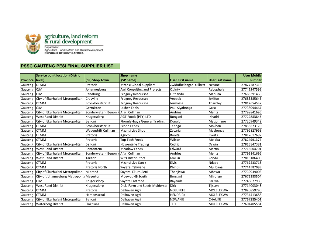 Pssc Gauteng Pesi Final Supplier List