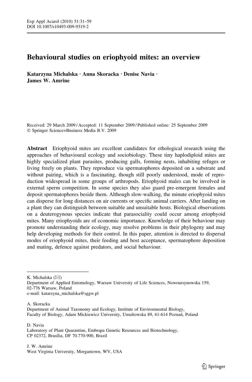 Behavioural Studies on Eriophyoid Mites: an Overview