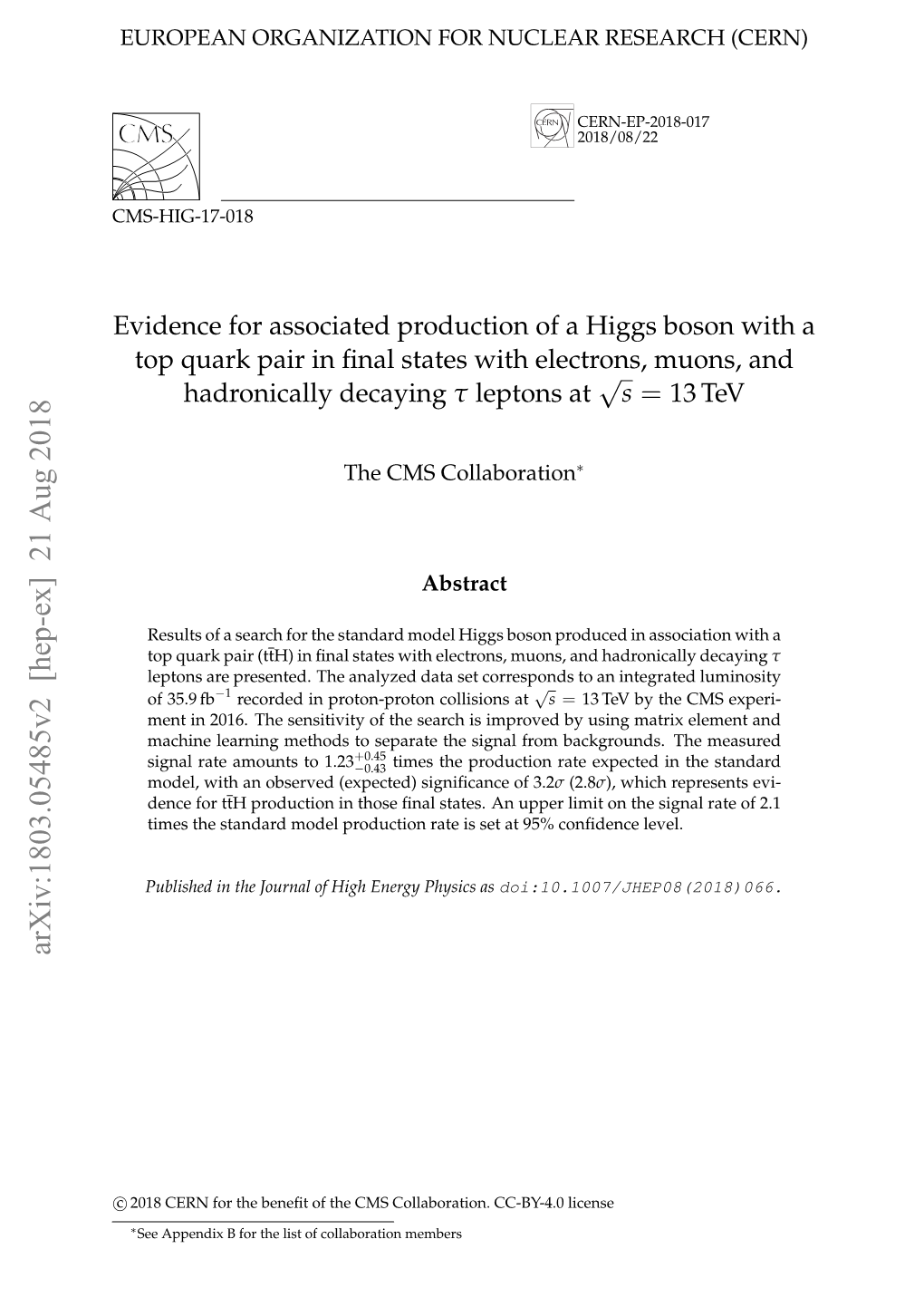 Evidence for Associated Production of a Higgs Boson with a Top Quark Pair in ﬁnal States with Electrons, Muons, and Hadronically Decaying Τ Leptons at √S = 13 Tev
