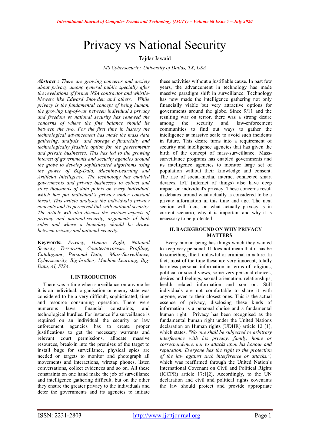 Privacy Vs National Security Tajdar Jawaid MS Cybersecurity, University of Dallas, TX, USA